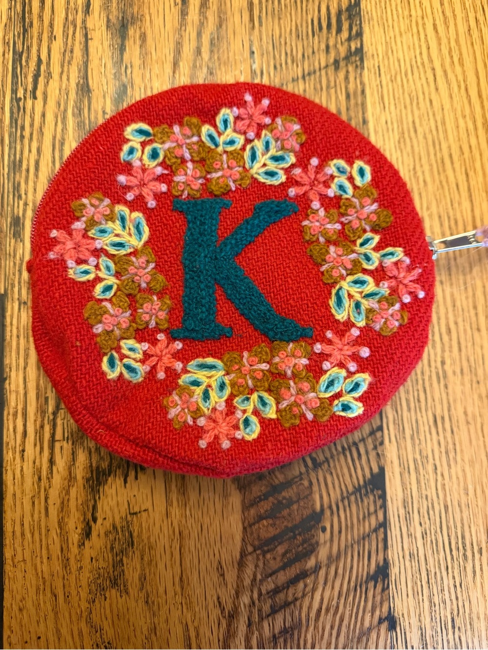 Jenny Krauss Wool Embroidered Zipper "K” Initial Bag With Tassels Red/Green